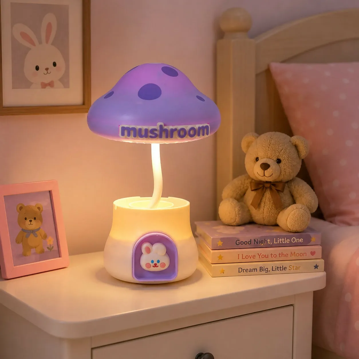 Purple Cute Mushroom LED Desk Lamp with Pencil Holder & Sharpener for Kids - Detailed Feature View 1