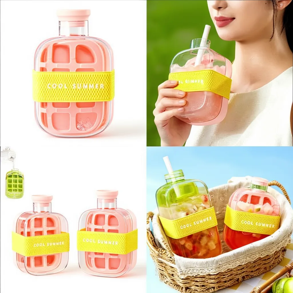 500ml Ice Cube Bottle – 2-in-1 Ice Cube Tray & Water Bottle with Straw (Random Color-Pack of 1) - Detailed Feature View 2