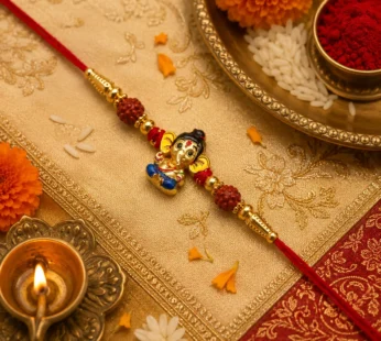 Divine 3D Cute Little Ganesha Metallic Rakhi for Kids & Brother with Colorful Enamel Work & Red Carved Beads