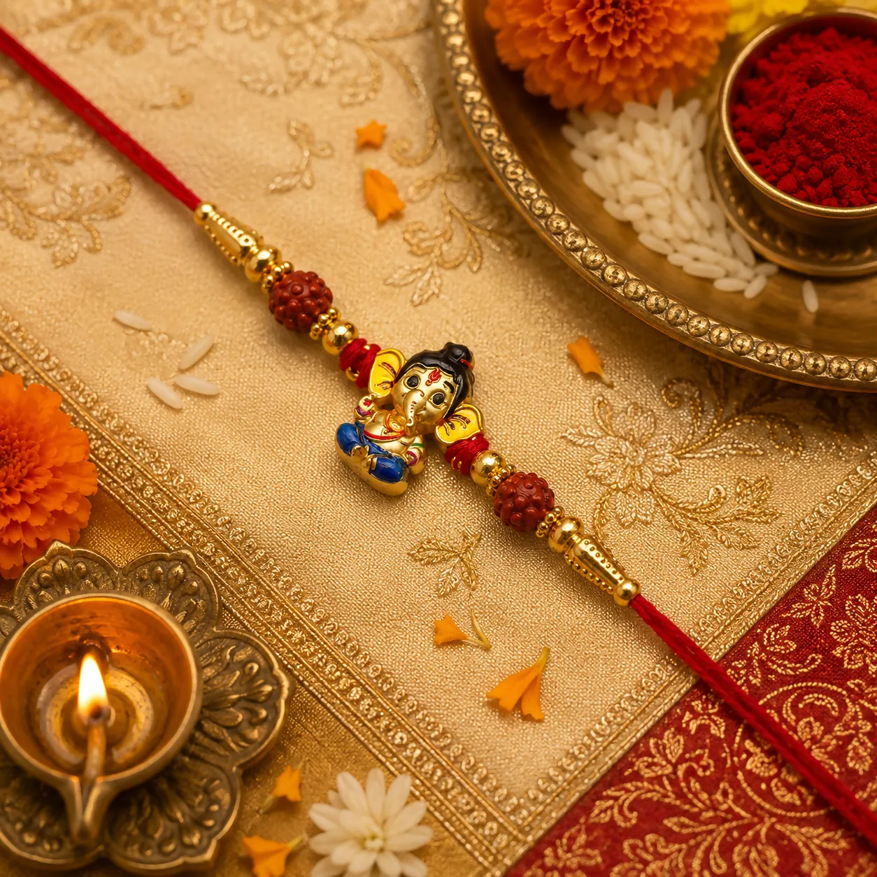 Premium Divine 3D Cute Little Ganesha Metallic Rakhi for Kids & Brother with Colorful Enamel Work & Red Carved Beads - Buy Online at Alikart