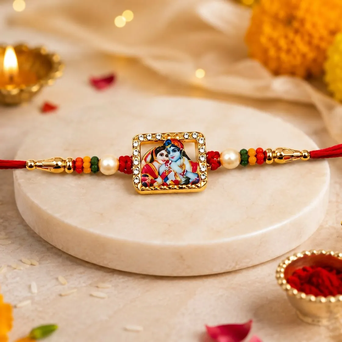 Premium Radha Krishna Rakhi with Crystal Border and Pearl Accents - Buy Online at Alikart
