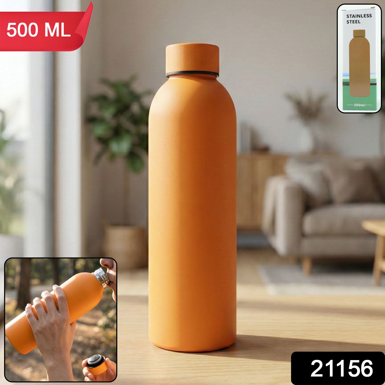 Insulated Stainless Steel Water Bottle – 500ml Orange - Detailed Feature View 1