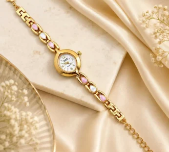 Elegant Gold-Tone Women’s Bracelet Watch | Pink & White Stone Designer Analog Wrist Watch | Lightweight Fashion Jewellery Watch with Adjustable Chain