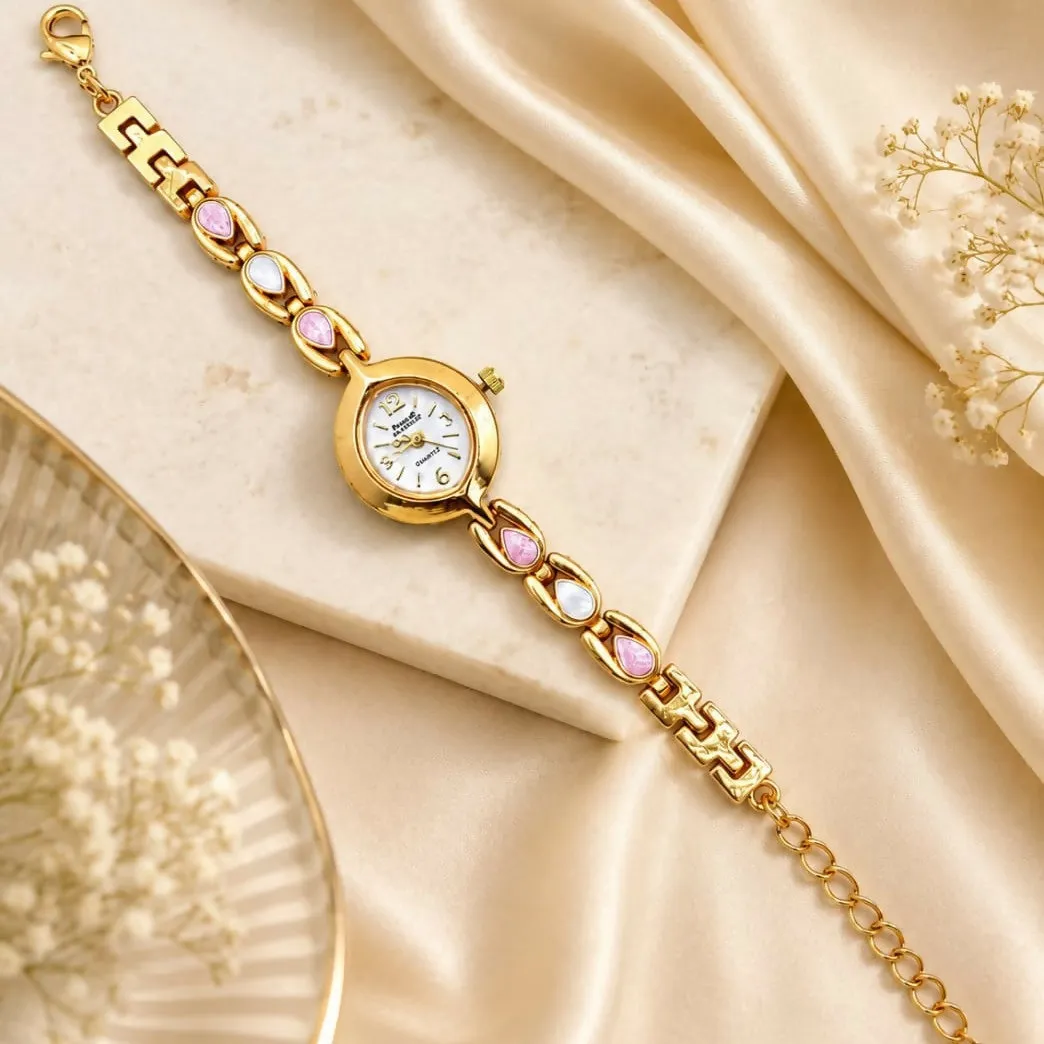 Premium Elegant Gold-Tone Women's Bracelet Watch | Pink & White Stone Designer Analog Wrist Watch | Lightweight Fashion Jewellery Watch with Adjustable Chain - Buy Online at Alikart
