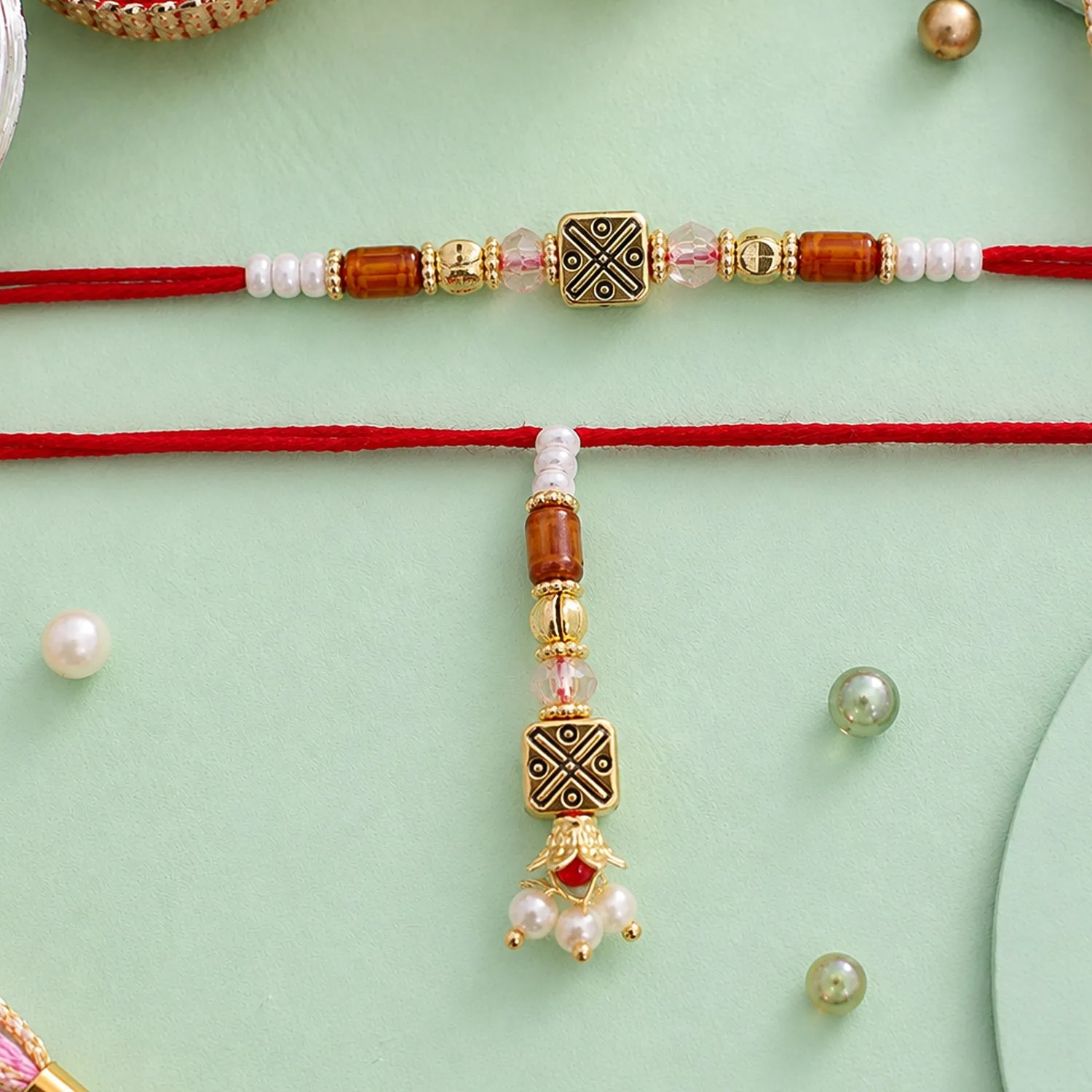 Geometric Square Bhai Bhabhi Rakhi with Square Lattice Charm and Beads for Gifting - Detailed Feature View 3