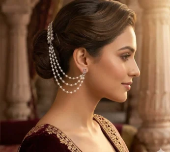 White Plated 3 Layer Pearl Ear Chain With Hair Hook Traditional Kaan Jewellery