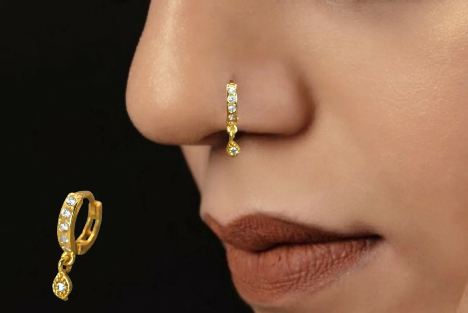 Gold Plated AD Crystal Nose Hoop Ring with Teardrop Dangle Combo Pack of 2 - Detailed Feature View 2