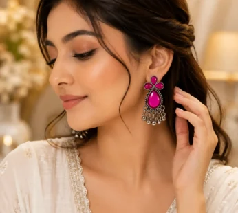 Premium Oxidized Pink Crystal Floral Drop Earrings for Women with Beaded Tassels