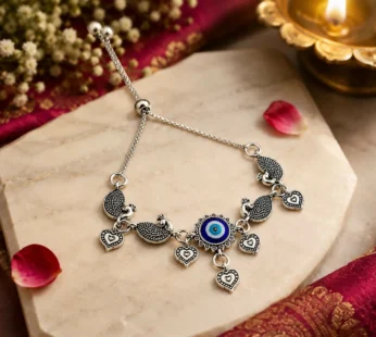 Oxidized Silver Evil Eye Peacock Charm Bracelet with Heart Dangles