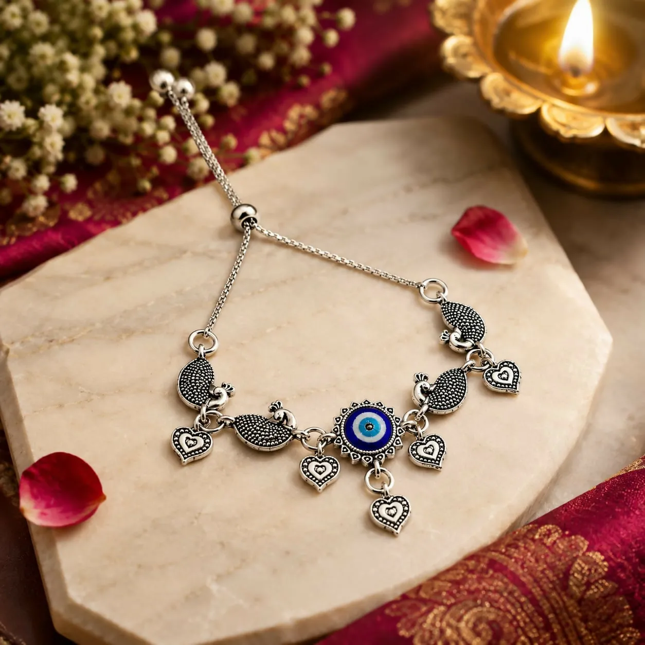 Premium Oxidized Silver Evil Eye Peacock Charm Bracelet with Heart Dangles - Buy Online at Alikart