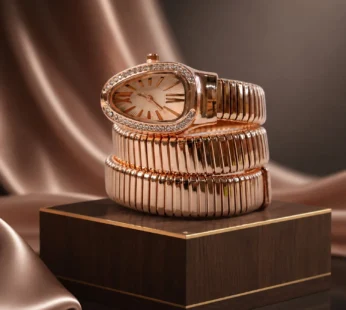 Rose Gold Oval Snake Style Bracelet Watch with Crystal Dial Border Design