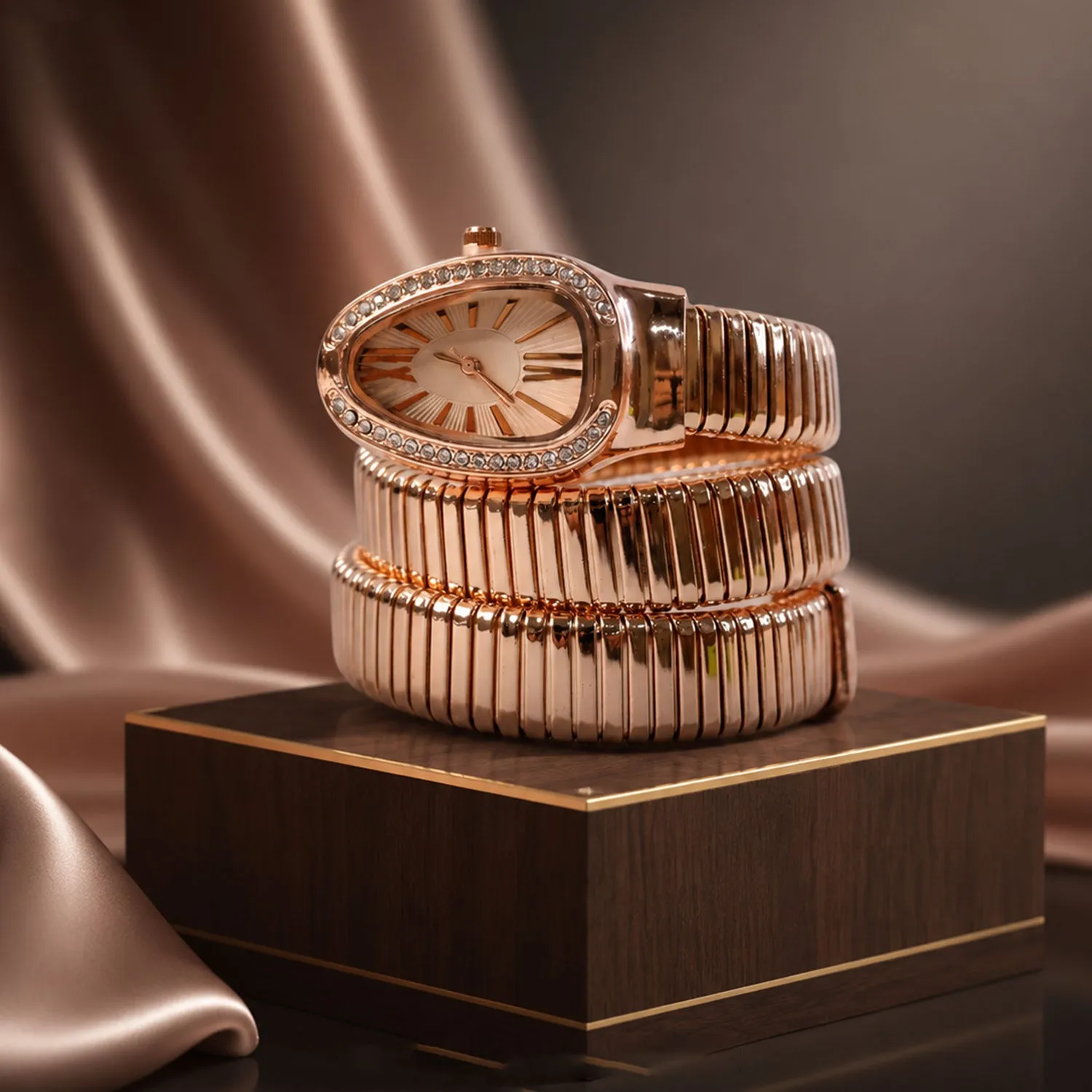 Premium Rose Gold Oval Snake Style Bracelet Watch with Crystal Dial Border Design - Buy Online at Alikart