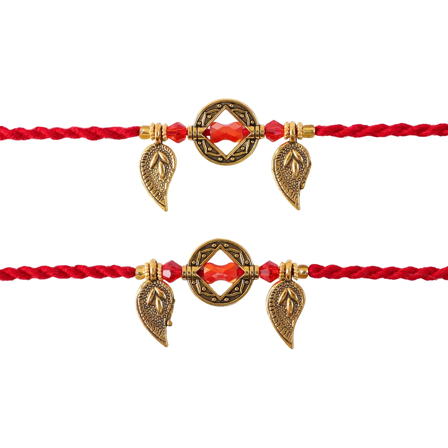 Classic Geometric Square Bhai Bhabhi Rakhi with Gem Center and Leaf Charms for Gift - Detailed Feature View 4
