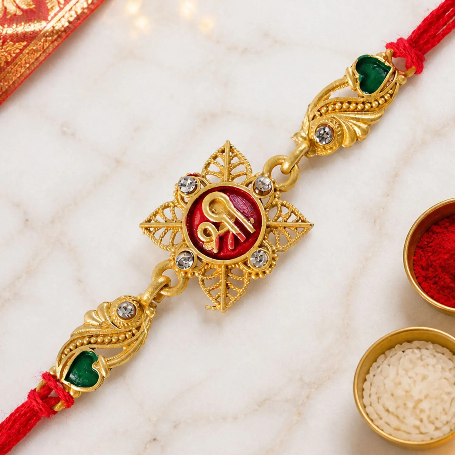 Classic Rakhi with Shri Plaque, ornate work and thread style for Product Display - Detailed Feature View 3