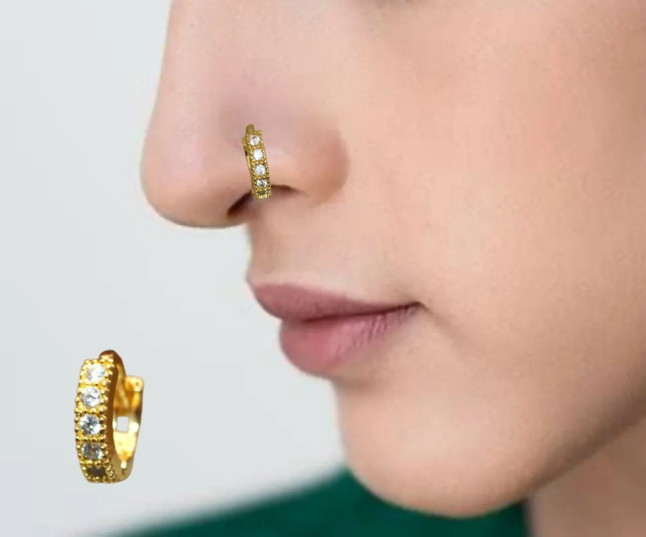 Gold Plated AD Crystal Nose Hoop Ring with Teardrop Dangle Combo Pack of 2 - Detailed Feature View 1