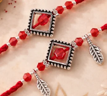 Divine Geometric Square Bhai Bhabhi Rakhi with Gemstone Square and Leaf for Gifting