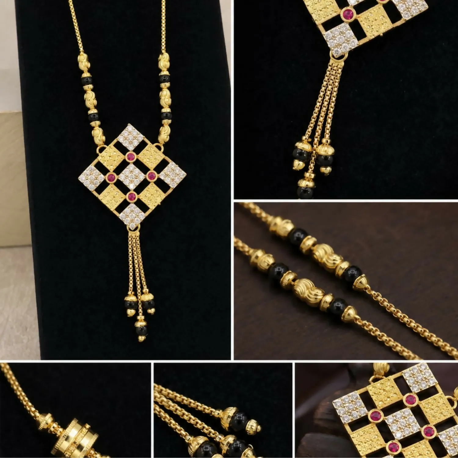 Gold Tone Designer Mangalsutra with Crystal Square Pendant for Women Ethnic Wear Set - Detailed Feature View 1