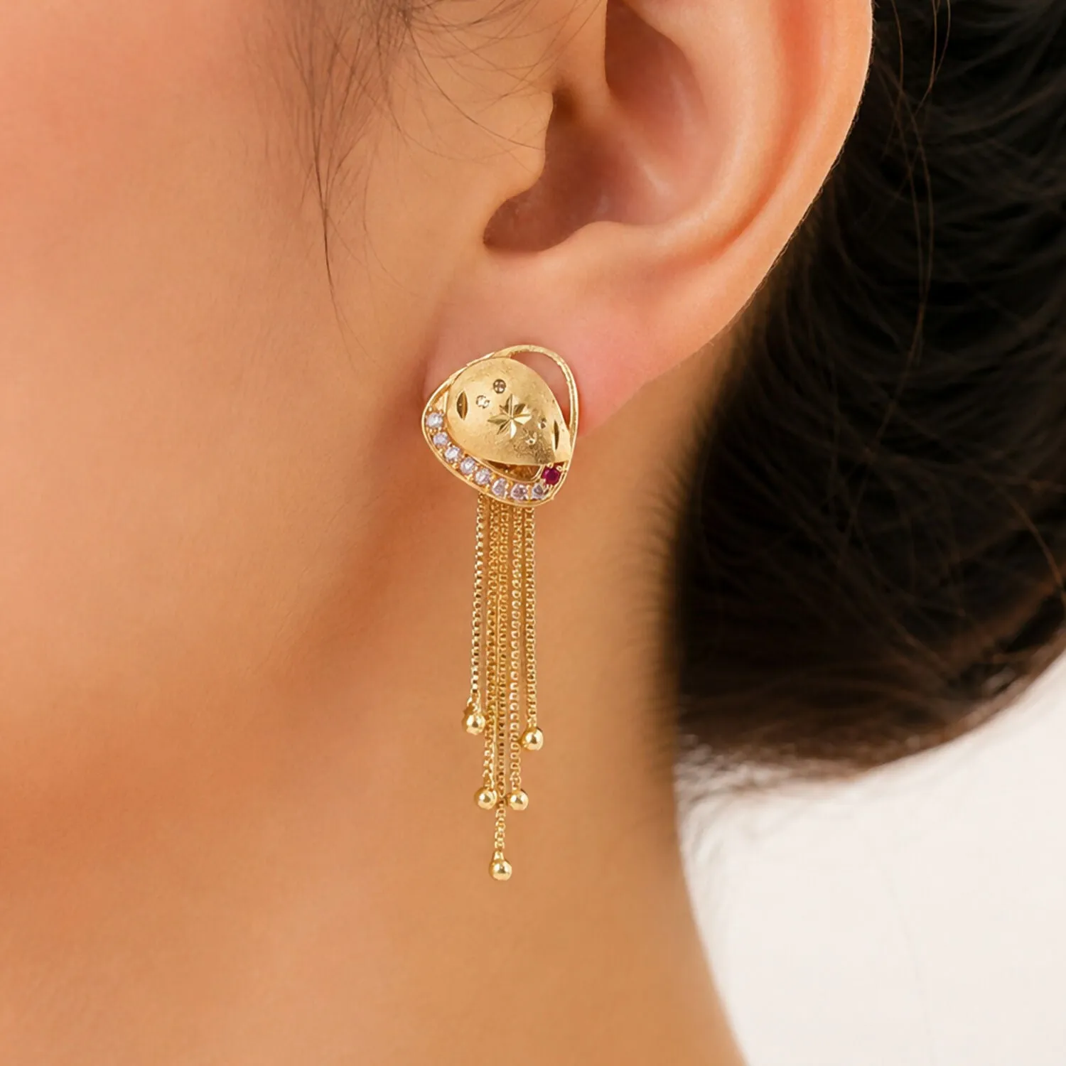 Gold Plated Shield Motif Dangle Earrings with Multi Chain Tassel Drop Design - Detailed Feature View 1