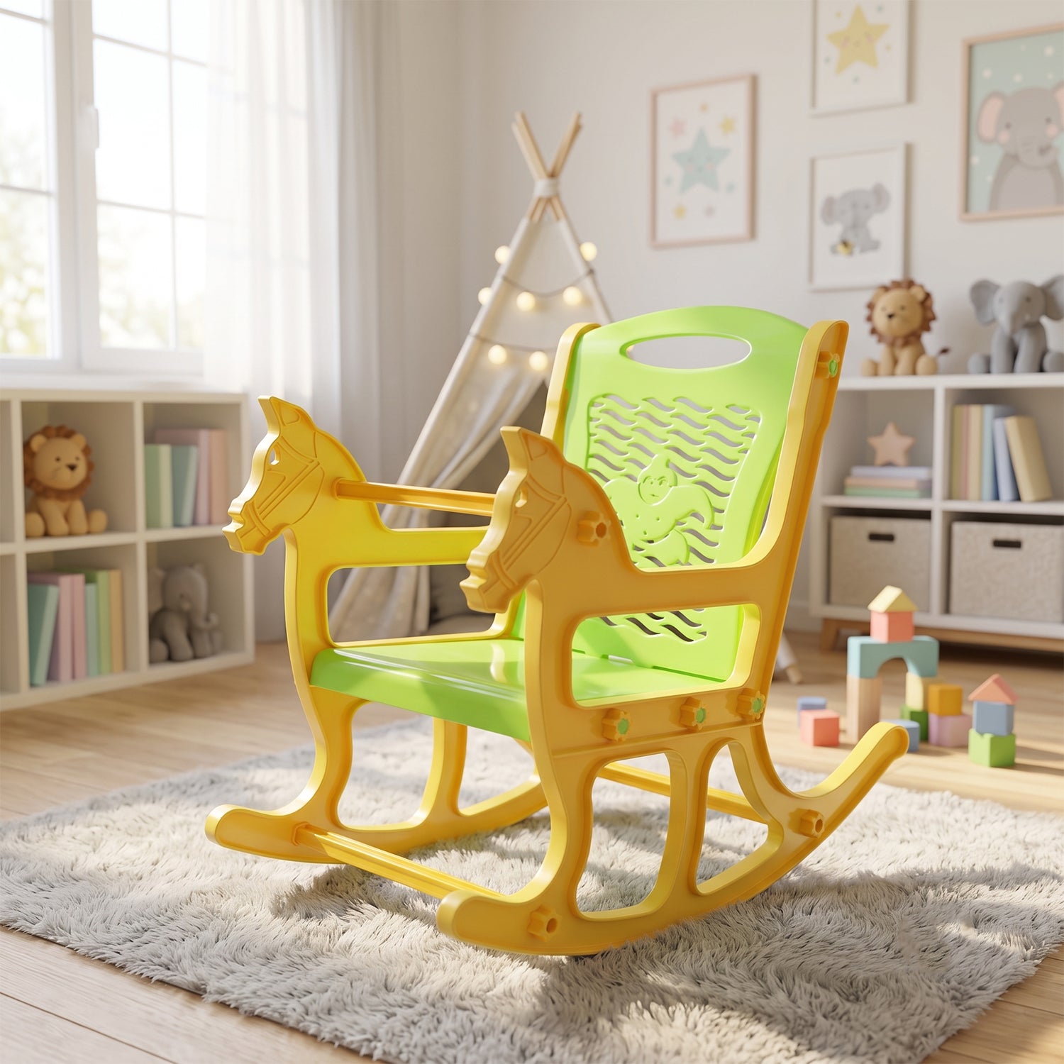 Kids Plastic Horse Rocking Chair, Baby Rocker Seat with Backrest (1 Pc) - Detailed Feature View 5