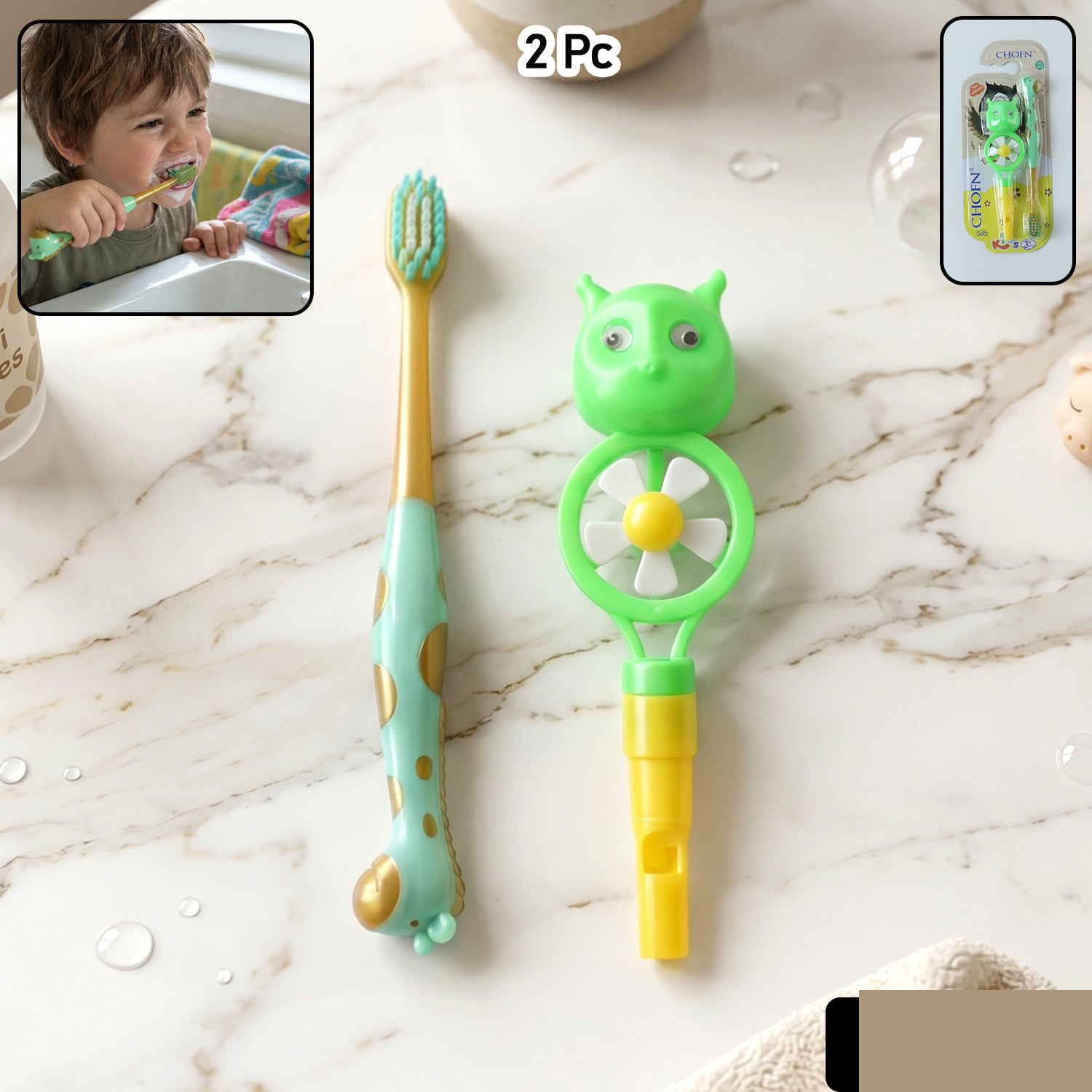Kids Toothbrush Set with Animal Whistle Toy – Fun Oral Care - Detailed Feature View 1