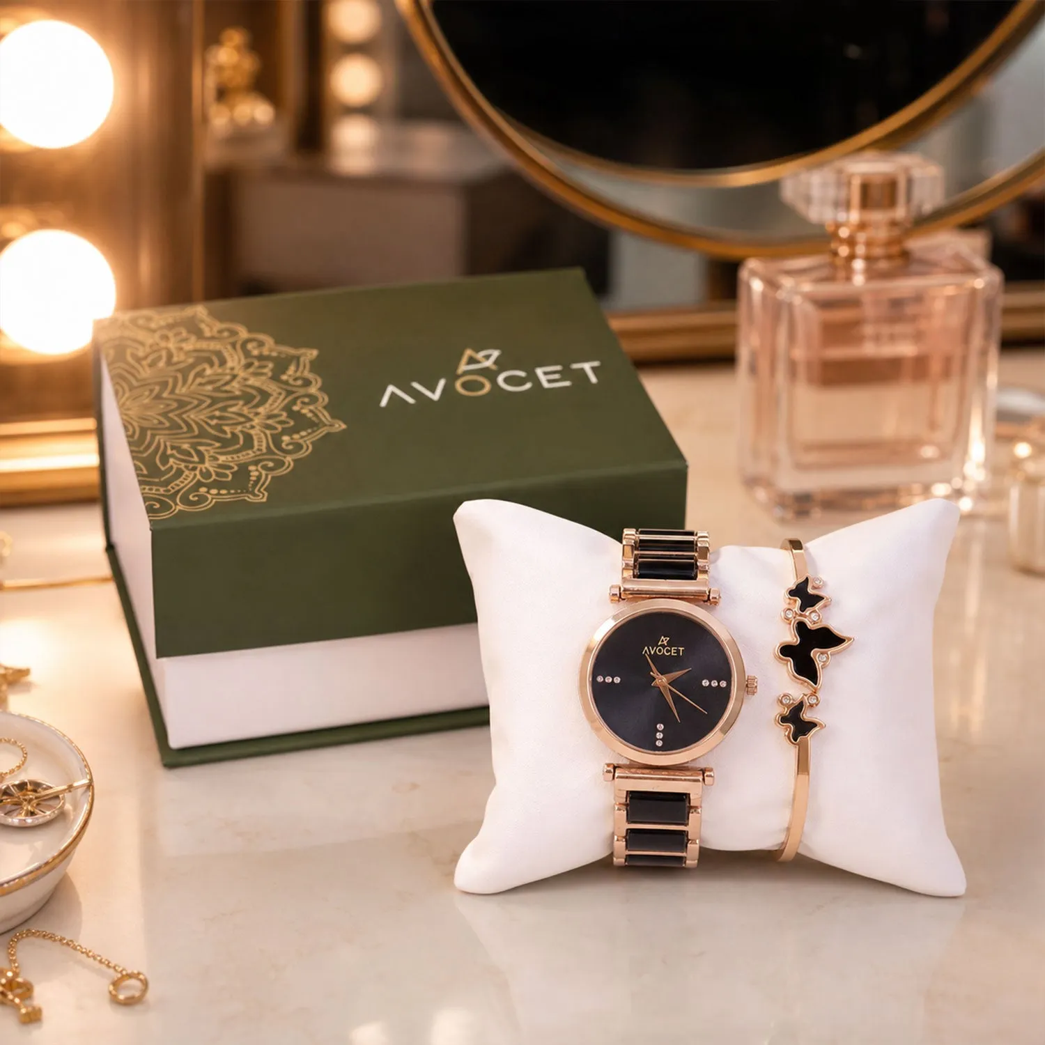 Premium Rose Gold Round Dial Watch with Black Butterfly Shape Bracelet for Women - Buy Online at Alikart