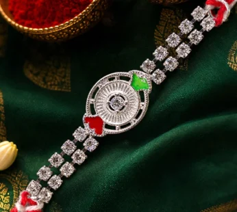 Silver-Toned Crystal Rakhi with Circular Designer Centerpiece, Dual Stone Chains & Red Thread