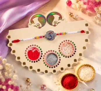 Om Symbol Silver Centre Rakhi with Roli Chawal & Gift Packing