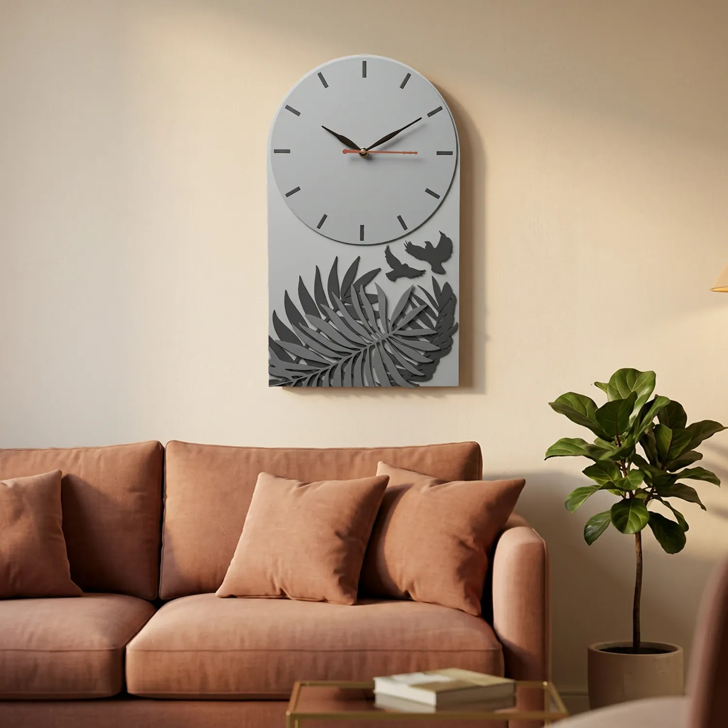 Premium Premium Grey Botanical Designer Silent Wall Clock | Minimalist Decorative Wooden Clock for Living Room, Bedroom & Office - Buy Online at Alikart