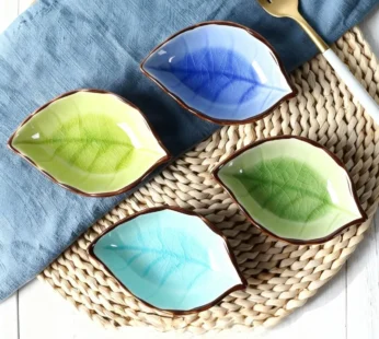 Leaf-Shaped Ceramic Plate – Elegant Green Serving Dish for Snacks, Sauces & Home Decor (Random color-Pack of 1)