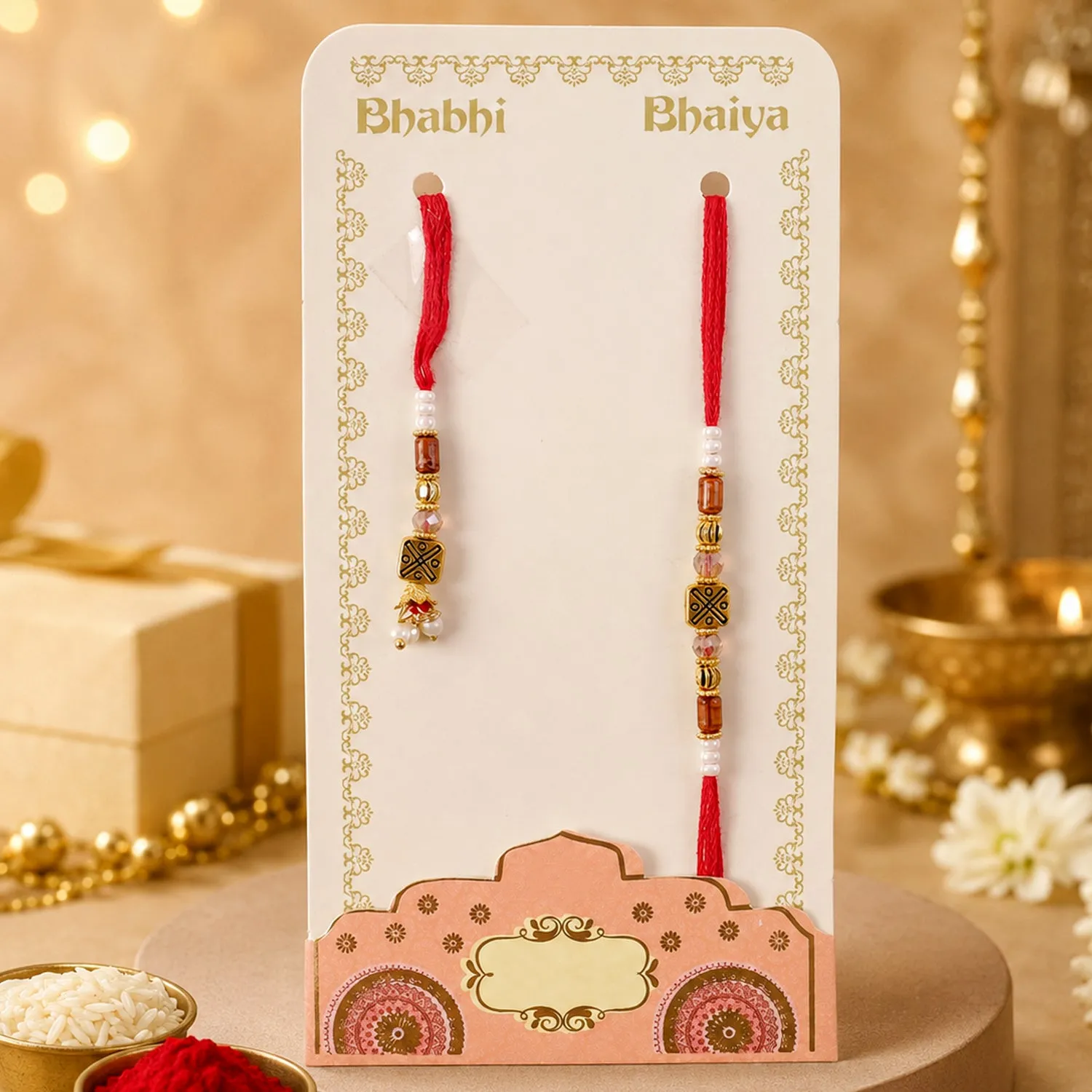 Geometric Square Bhai Bhabhi Rakhi with Square Lattice Charm and Beads for Gifting - Detailed Feature View 1