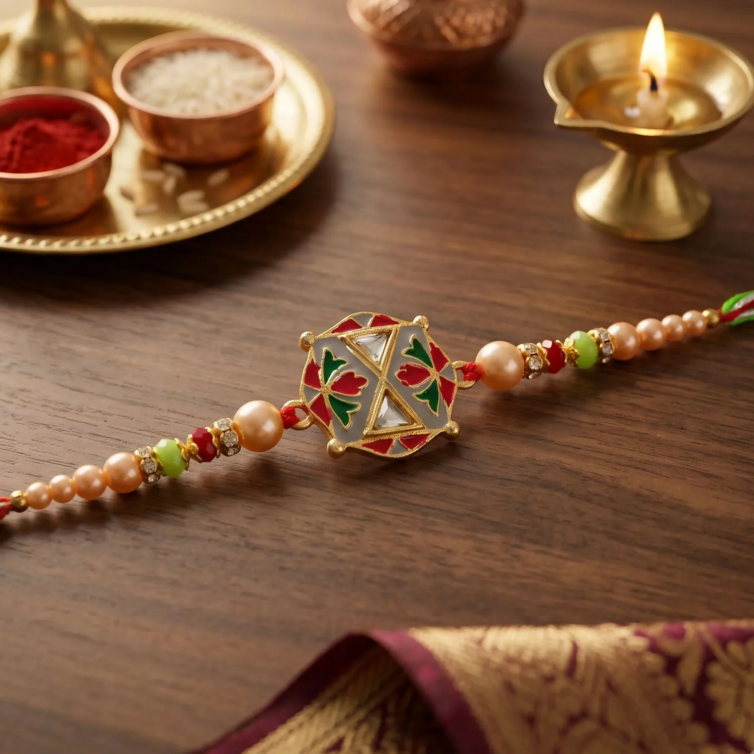 Traditional Rakhi For Brother With Colorful Beads And Elegant Centerpiece Design - Detailed Feature View 5