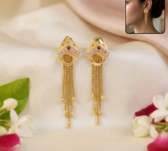 Gold Plated Rhombus Shape Dangle Earrings with Multi Chain Tassel Drop Design
