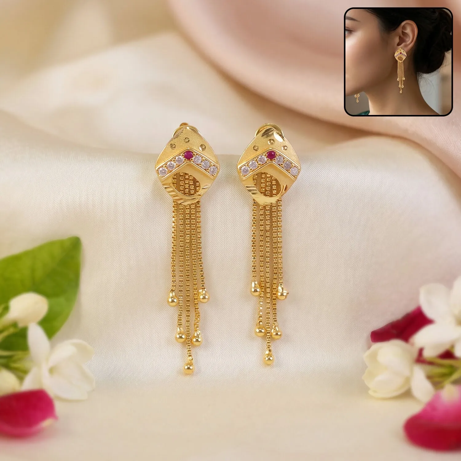 Premium Gold Plated Rhombus Shape Dangle Earrings with Multi Chain Tassel Drop Design - Buy Online at Alikart