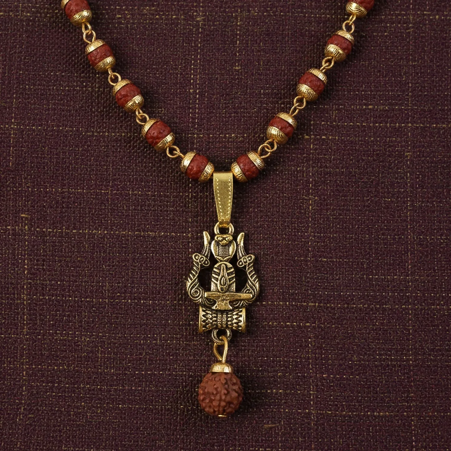 Gold Pendant Rudraksha Mala – Spiritual Trishul Shivling Necklace - Detailed Feature View 2