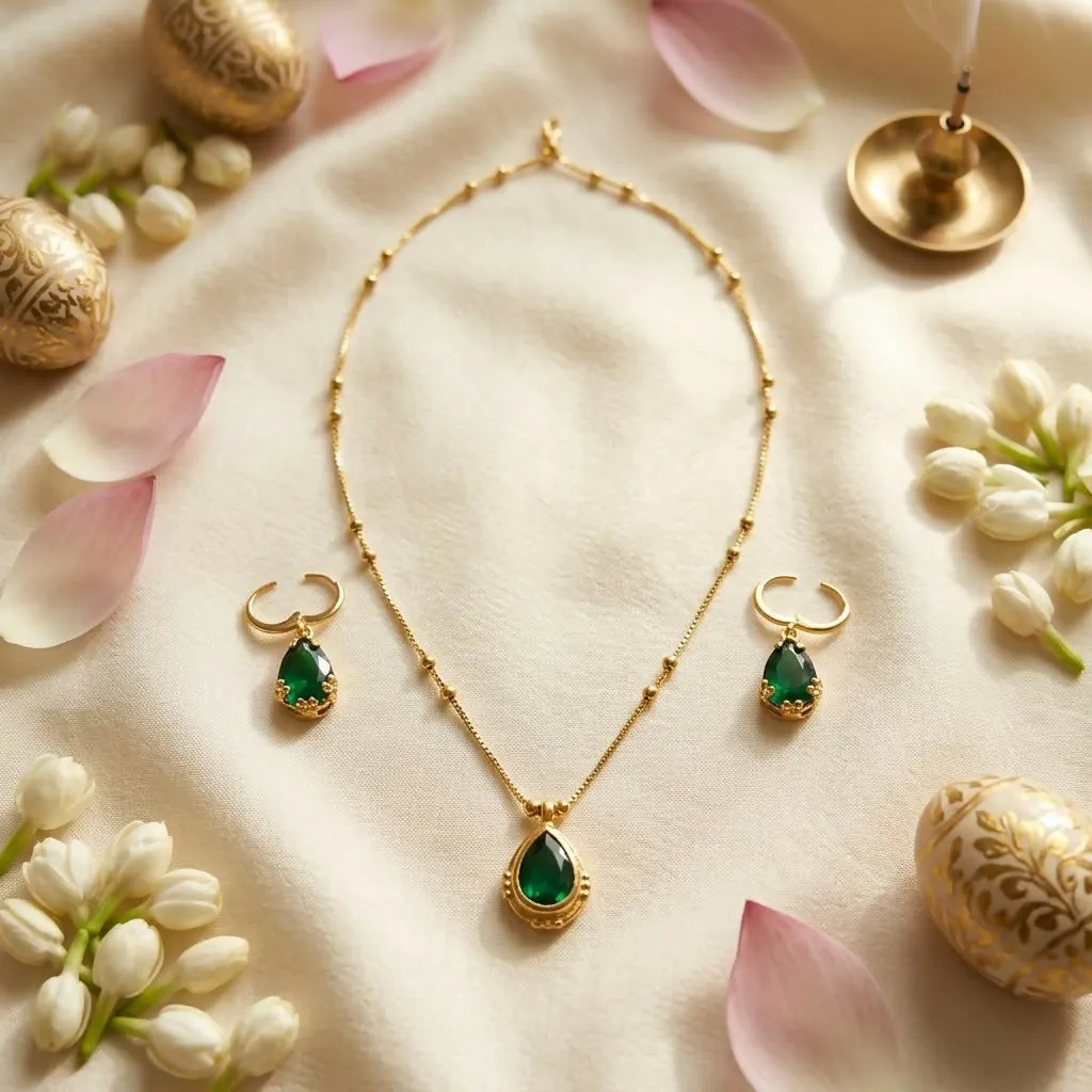 Premium Gold-Tone Green Stone Pendant Necklace and Matching Earrings Jewellery Set for Women - Buy Online at Alikart