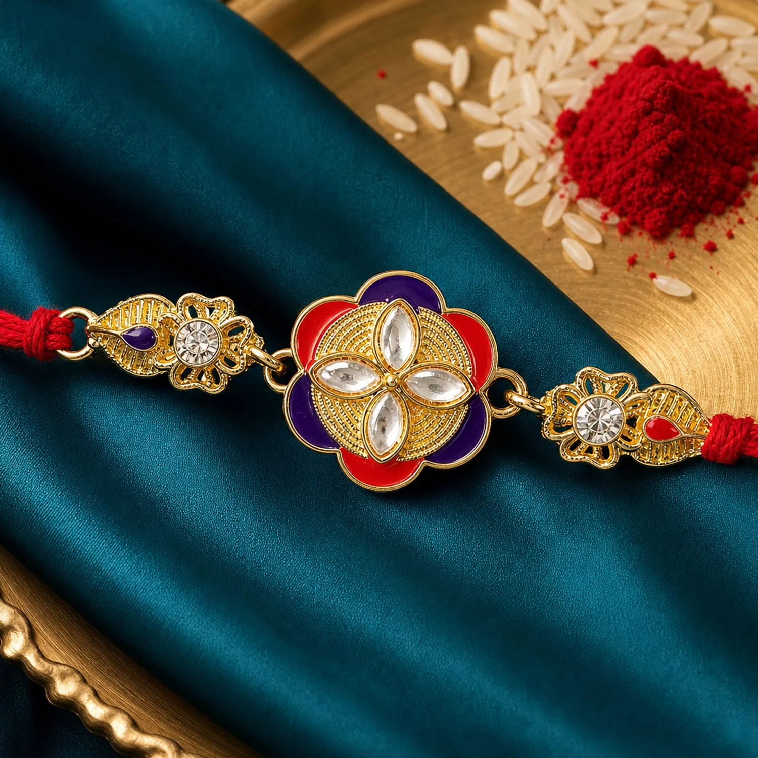 Premium Festive Rakhi showcasing Decorative Rosette, pearl accents and bead line for Gifting - Buy Online at Alikart