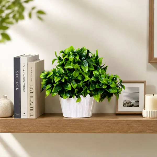 Artificial Green Leaf Bushy Bonsai Plant in White Wood Texture Oval Pot Home Decor