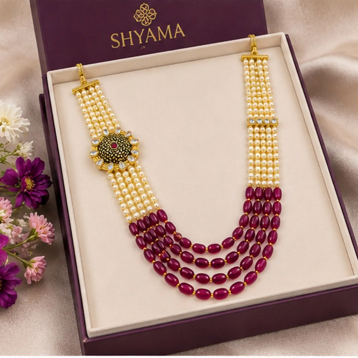 Pearl Beaded Ruby Stone Layered Necklace Set with Antique Pendant Design - Detailed Feature View 2