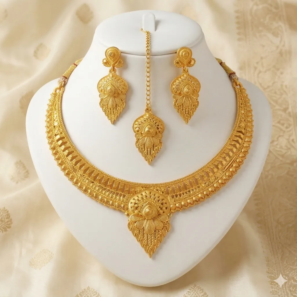 Traditional Gold Plated Haram Necklace Set with Earrings and Maang Tikka for Women - Detailed Feature View 5