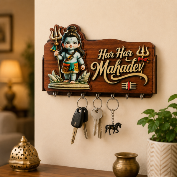 Mahadev Wooden Wall Key Holder with 7 Hooks Har Har Mahadev Decorative Home Organizer