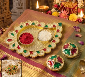 Mango Shape Kumkum Dish with 2 Diya Stands for Puja Thali Decor (1 Pc)