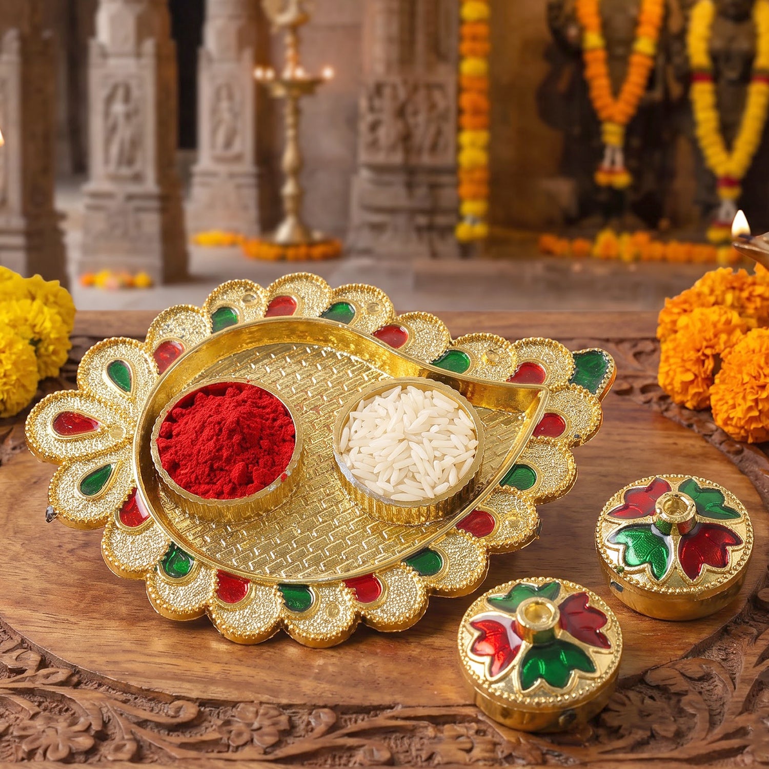 Mango Shape Kumkum Dish with 2 Diya Stands for Puja Thali Decor (1 Pc) - Detailed Feature View 1