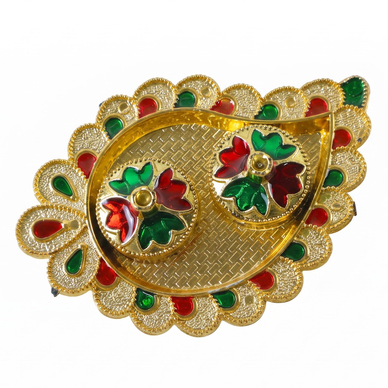 Mango Shape Kumkum Dish with 2 Diya Stands for Puja Thali Decor (1 Pc) - Detailed Feature View 3