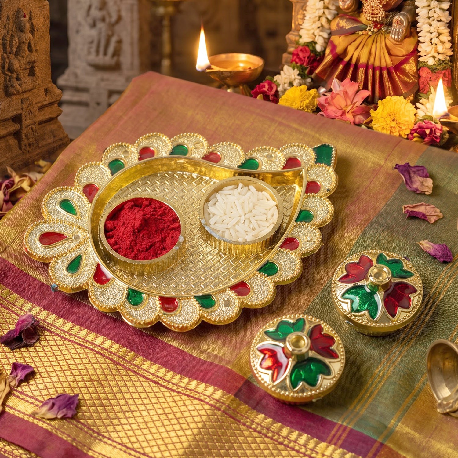 Mango Shape Kumkum Dish with 2 Diya Stands for Puja Thali Decor (1 Pc) - Detailed Feature View 5