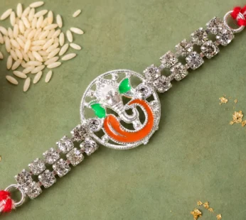 Silver-Toned Lord Ganesha Rakhi with Orange-Green Enamel, Double Crystal Chain & Red-White Thread