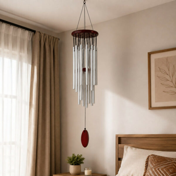 Metal Wind Chime with Silver Tubes & Wooden Top for Home Balcony Decor