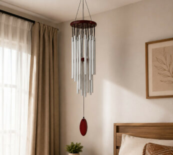 Metal Wind Chime with Silver Tubes & Wooden Top for Home Balcony Decor