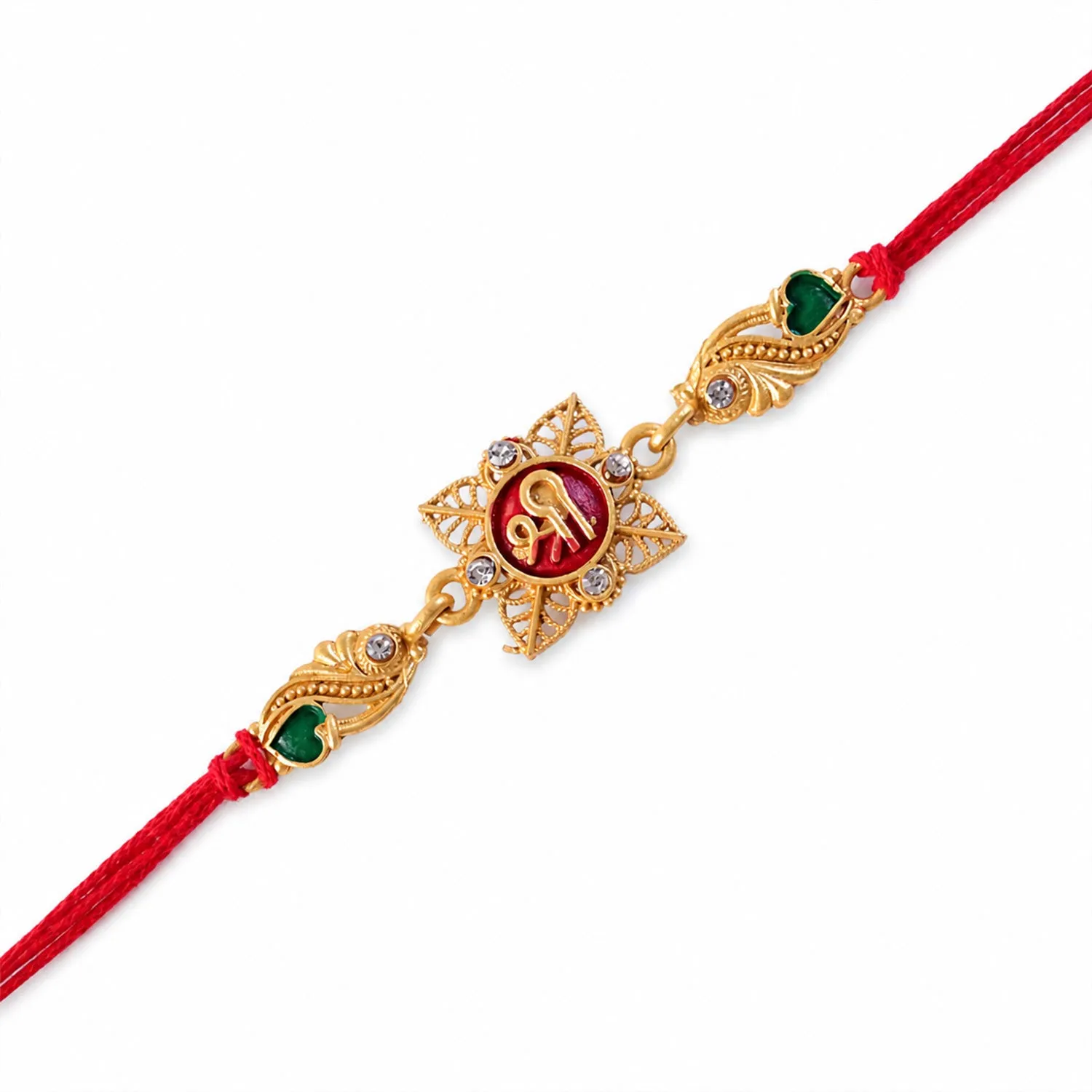 Classic Rakhi with Shri Plaque, ornate work and thread style for Product Display - Detailed Feature View 4