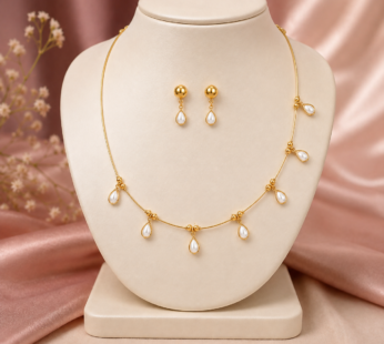 Minimalist Golden Plated Wire Dokiya Necklace with Teardrop Pearl Charms & Matching Earrings Set – IMITATION JEWELLERY