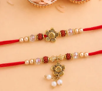 Divine Floral Motif Design Bhai Bhabhi Rakhi with Flower and Pearl Drop for Gifting